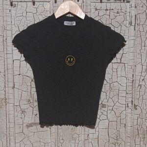 Black Smiley Face Ribbed Top
